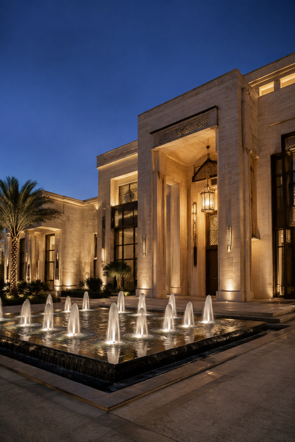 واجهة معمارية حديثة ونافورة